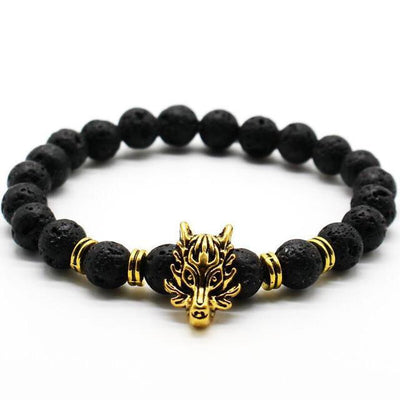 Natural Stone Wolf Head Charm Bracelet Lava Rock - Gold Bracelet