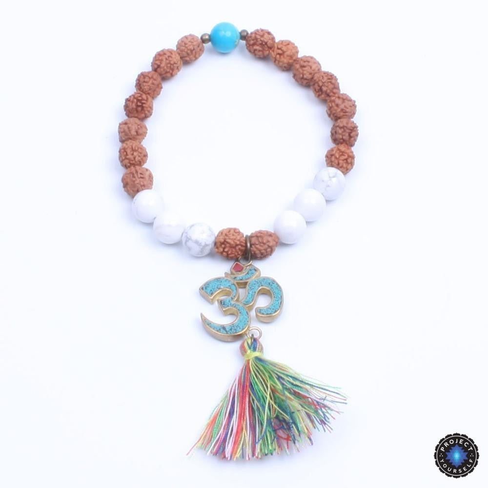 Natural Wood and Stone Beads OM Mantra Charm Tassel Bracelet Style 2 Bracelet
