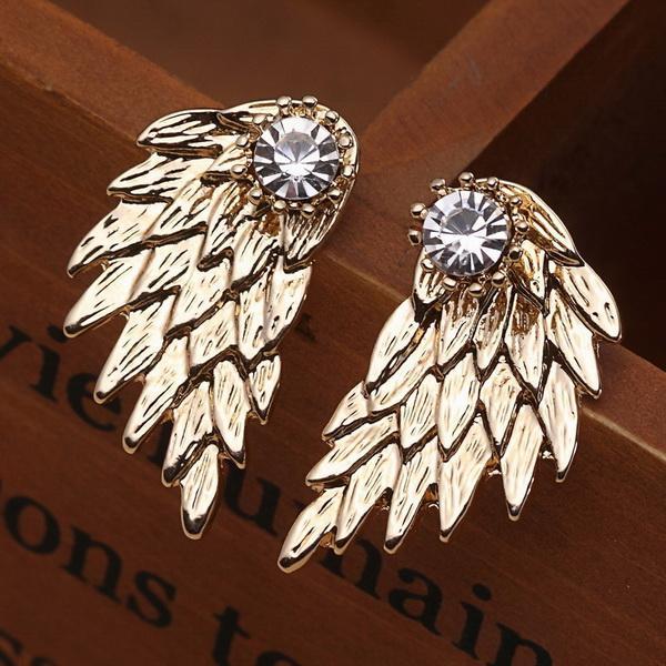New Fashion Angel Wings Rhinestone Alloy Stud Earrings Gold Earrings