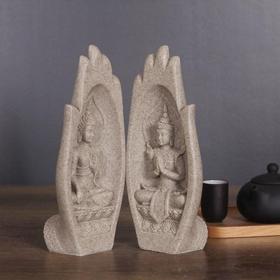 Prayers of Buddha 2-Piece Sandstone Statue Natural Decor