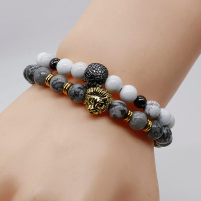 Natural Lava Stone and Black Agate Lion Beaded Bracelet