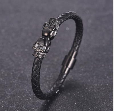 Protection Skull Stainless Steel Leather Bracelet