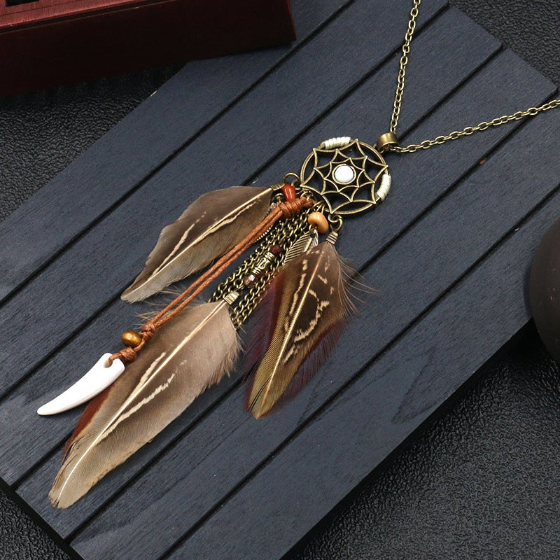 Boho Dreamcatcher Feather Pendant Necklace