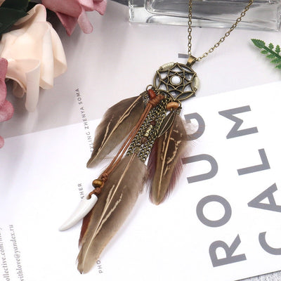 Boho Dreamcatcher Feather Pendant Necklace