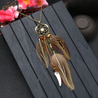 Boho Dreamcatcher Feather Pendant Necklace