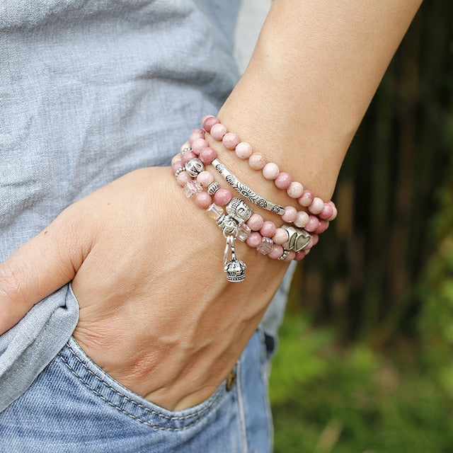 Natural Rhodochrosite Beads Mala Bracelet