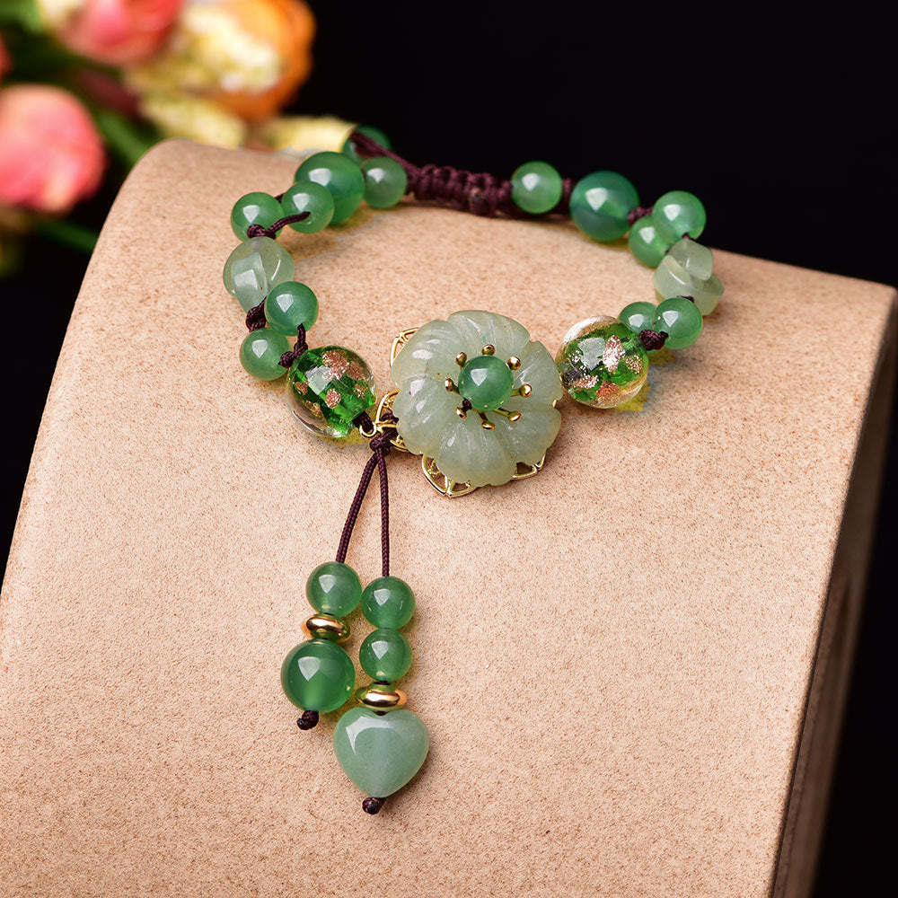 Retro Natural Green Jade Dangling Flower Bracelet