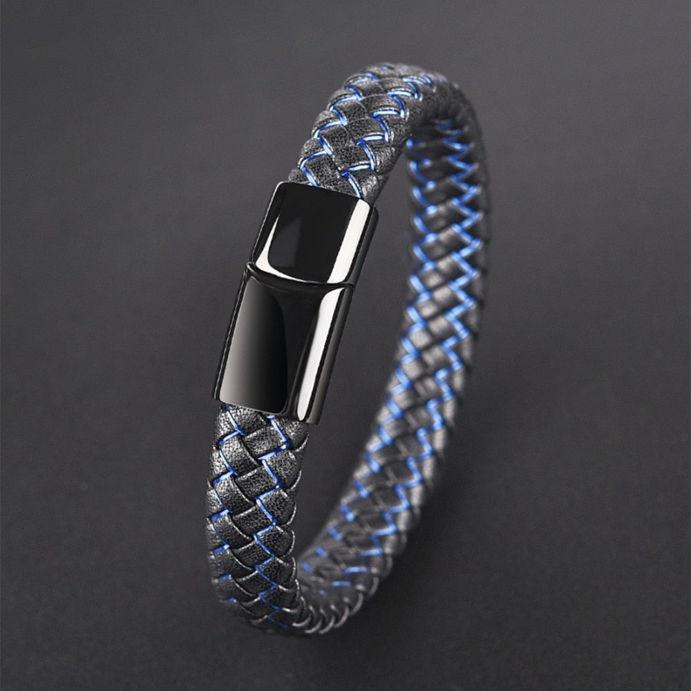 Blue Fire Stainless Steel Leather Bracelet