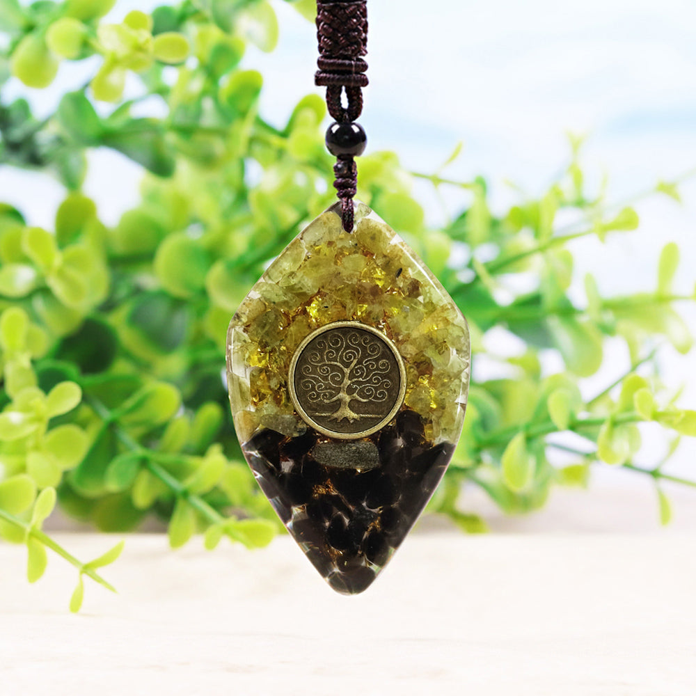 Peridot and Obsidian Tree of Life Orgone Necklace