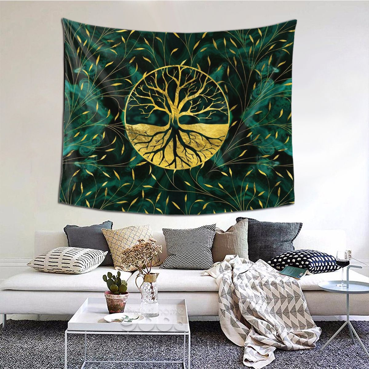 Golden Tree Of Life Malachite Design Tapestry