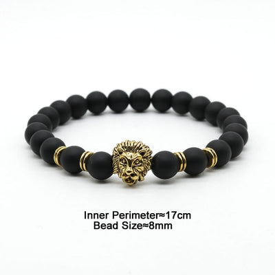 Natural Lava Stone and Black Agate Lion Beaded Bracelet