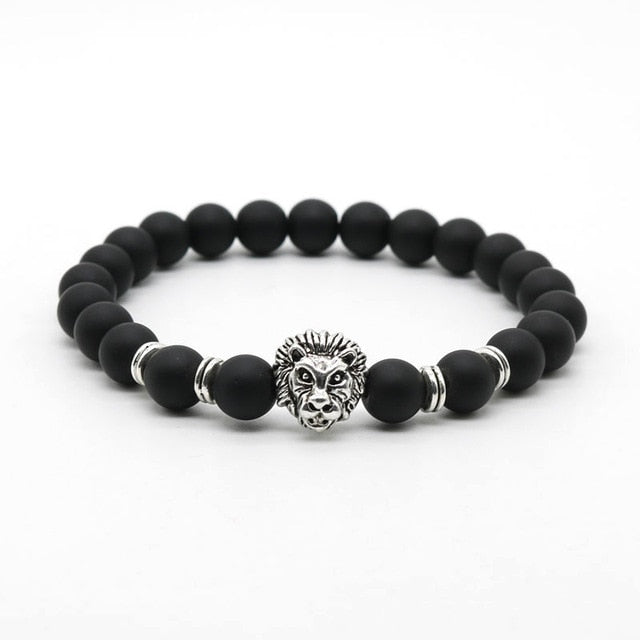 Natural Lava Stone and Black Agate Lion Beaded Bracelet