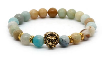 Natural Lava Stone and Black Agate Lion Beaded Bracelet