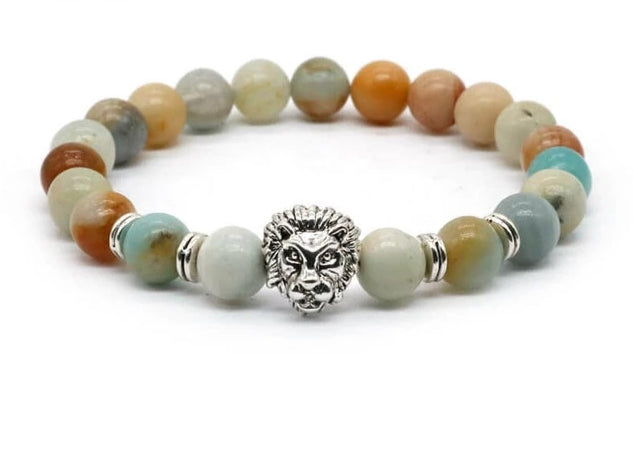 Natural Lava Stone and Black Agate Lion Beaded Bracelet