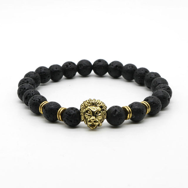 Natural Lava Stone and Black Agate Lion Beaded Bracelet