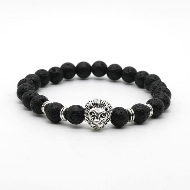 Natural Lava Stone and Black Agate Lion Beaded Bracelet