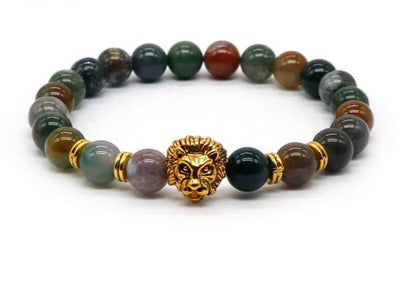 Natural Lava Stone and Black Agate Lion Beaded Bracelet