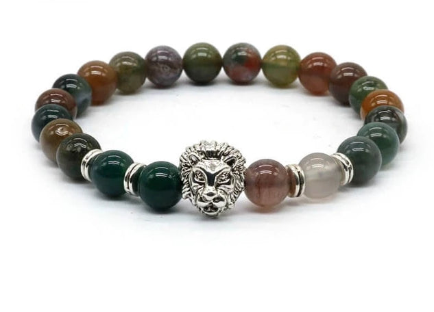 Natural Lava Stone and Black Agate Lion Beaded Bracelet