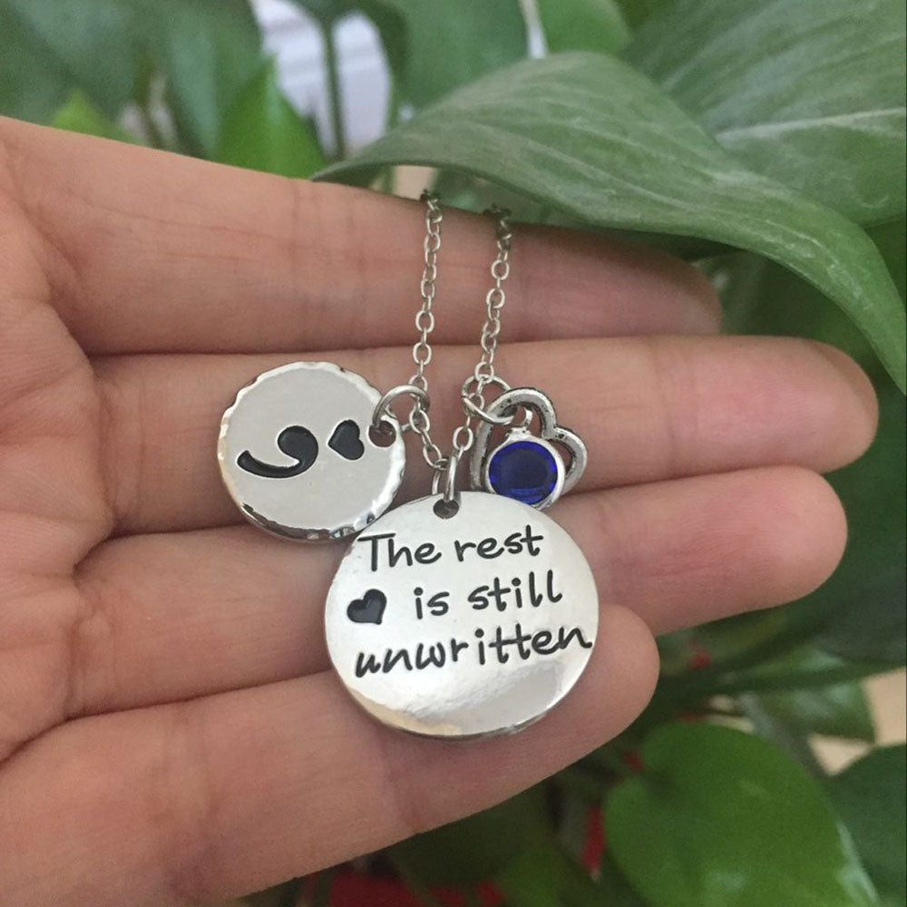 "The rest is still unwritten" Semicolon Birthstone Necklace