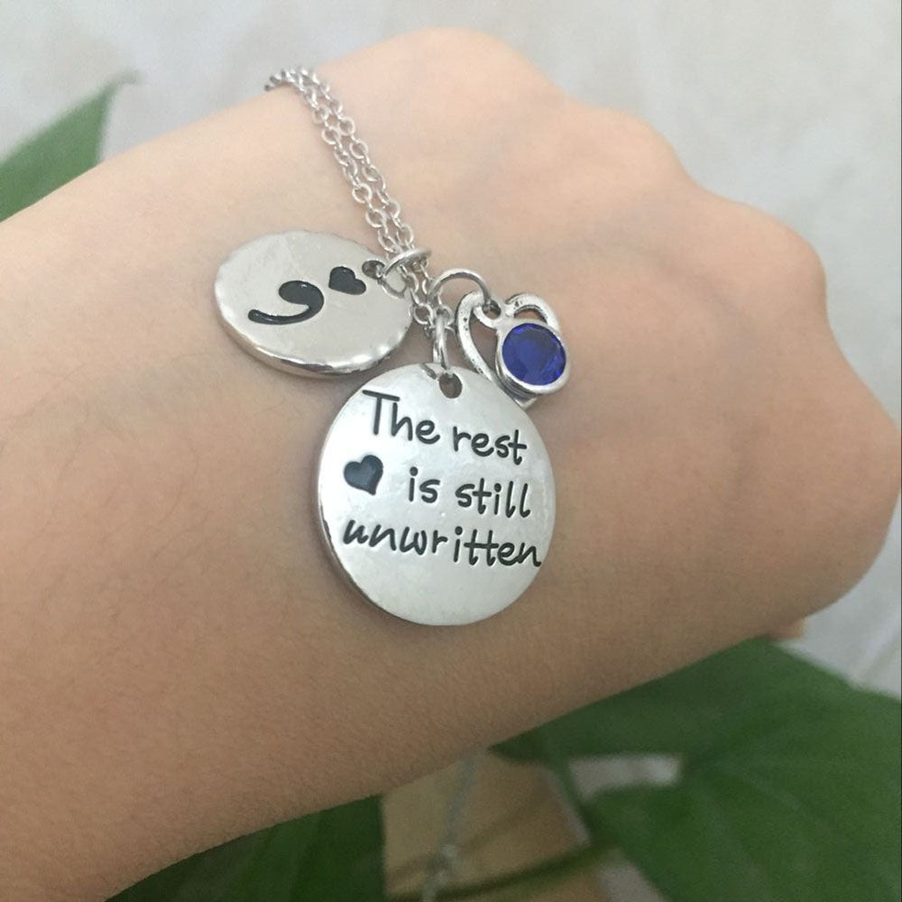 "The rest is still unwritten" Semicolon Birthstone Necklace