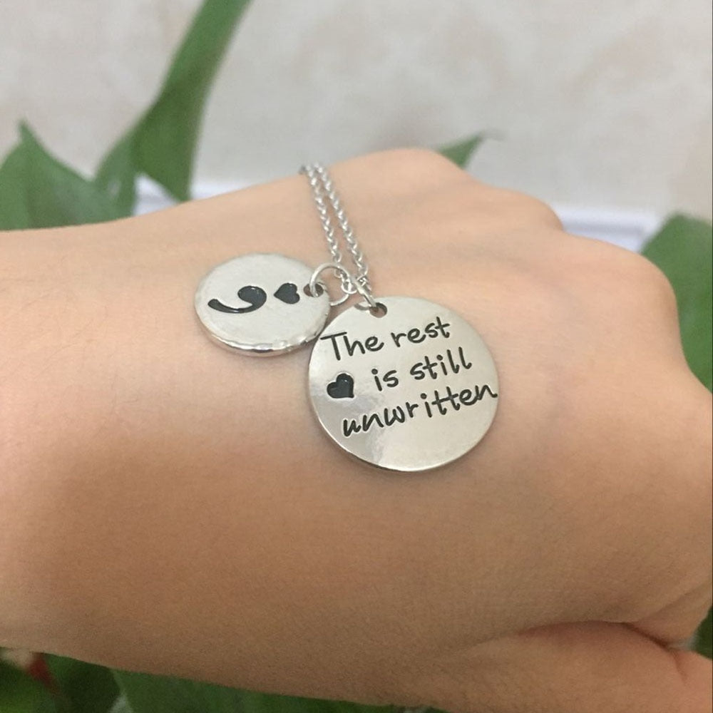 "The rest is still unwritten" Semicolon Birthstone Necklace