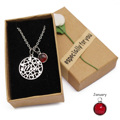 Stainless Steel "Mom" Birthstone Charm Necklace