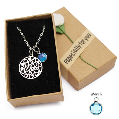 Stainless Steel "Mom" Birthstone Charm Necklace