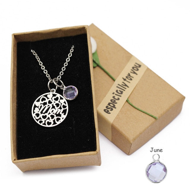 Stainless Steel "Mom" Birthstone Charm Necklace