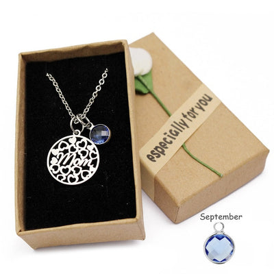 Stainless Steel "Mom" Birthstone Charm Necklace