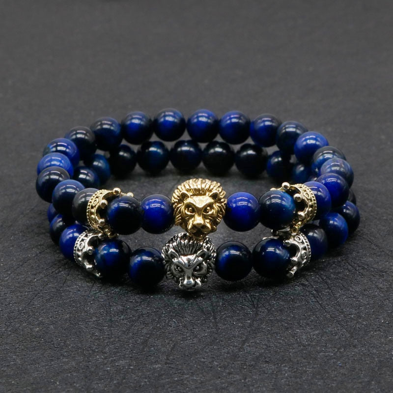 Natural Lava Stone and Black Agate Lion Beaded Bracelet