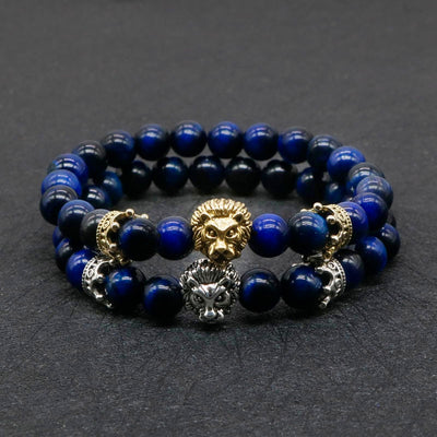 Natural Lava Stone and Black Agate Lion Beaded Bracelet