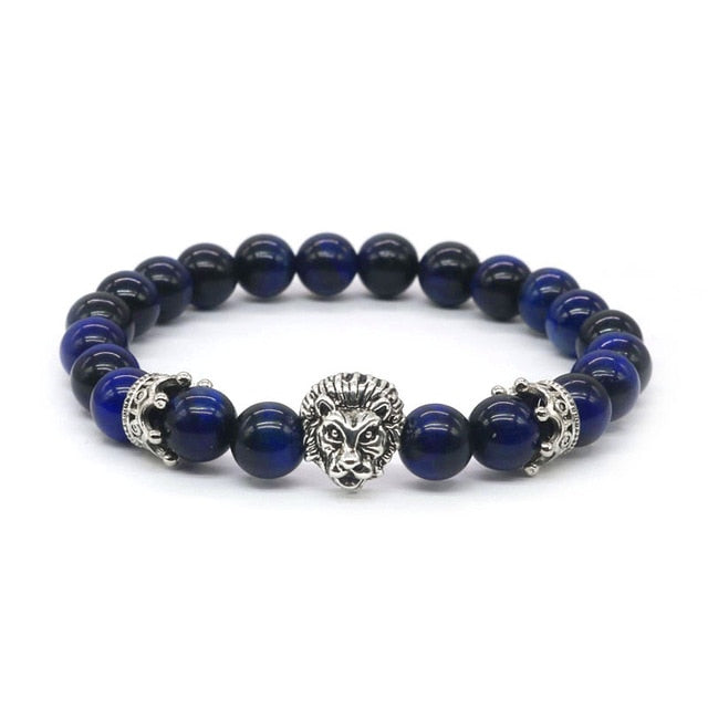 Natural Lava Stone and Black Agate Lion Beaded Bracelet