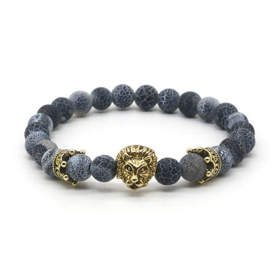 Natural Lava Stone and Black Agate Lion Beaded Bracelet