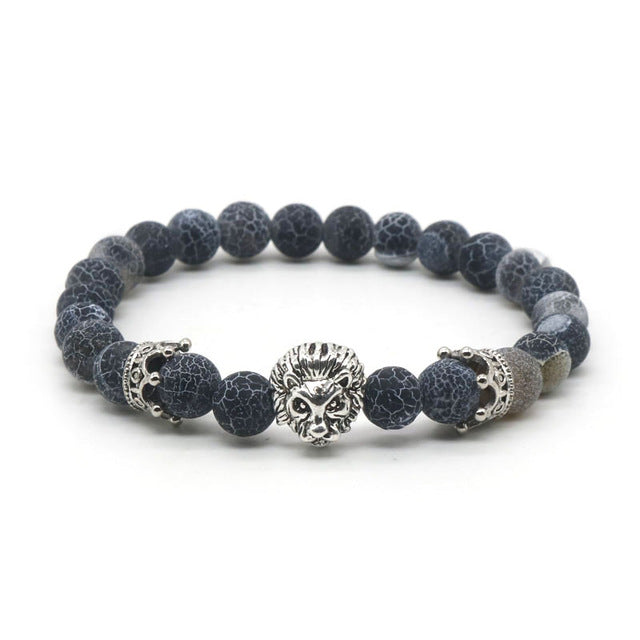 Natural Lava Stone and Black Agate Lion Beaded Bracelet