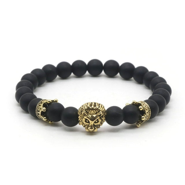 Natural Lava Stone and Black Agate Lion Beaded Bracelet