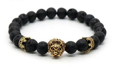 Natural Lava Stone and Black Agate Lion Beaded Bracelet