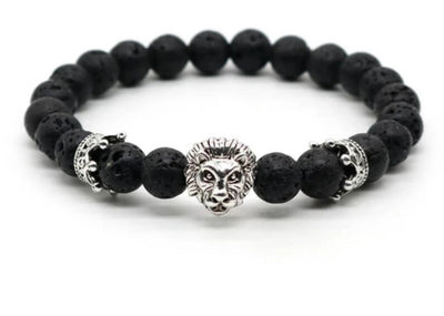 Natural Lava Stone and Black Agate Lion Beaded Bracelet