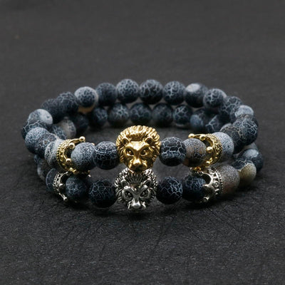 Natural Lava Stone and Black Agate Lion Beaded Bracelet