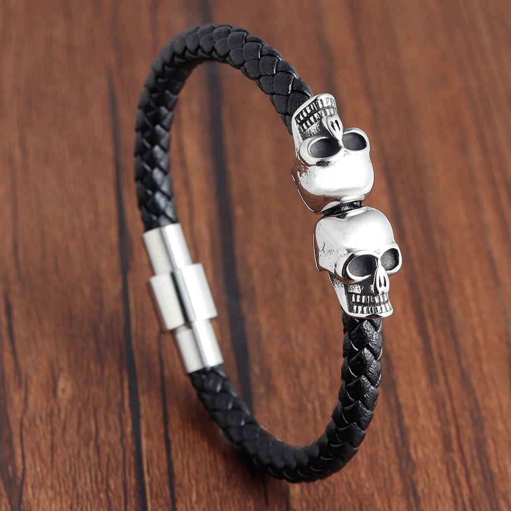 Protection Skull Stainless Steel Leather Bracelet