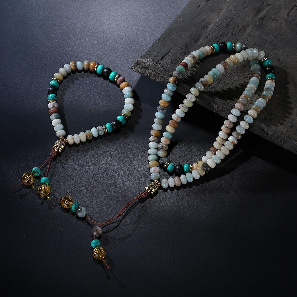 ROXY Flat Natural Lapis Lazuli Stone With 6 Syllable Mantra Tassel and Buddha Head Charm Mala Set Amazonite Jewelry Set