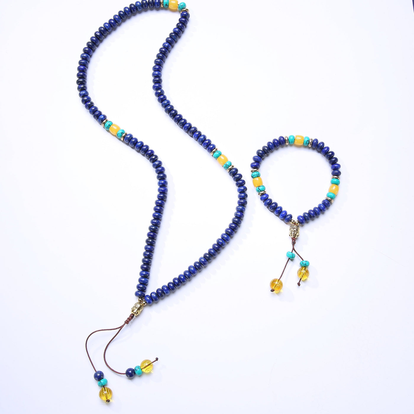 ROXY Flat Natural Lapis Lazuli Stone With 6 Syllable Mantra Tassel and Buddha Head Charm Mala Set Jewelry Set