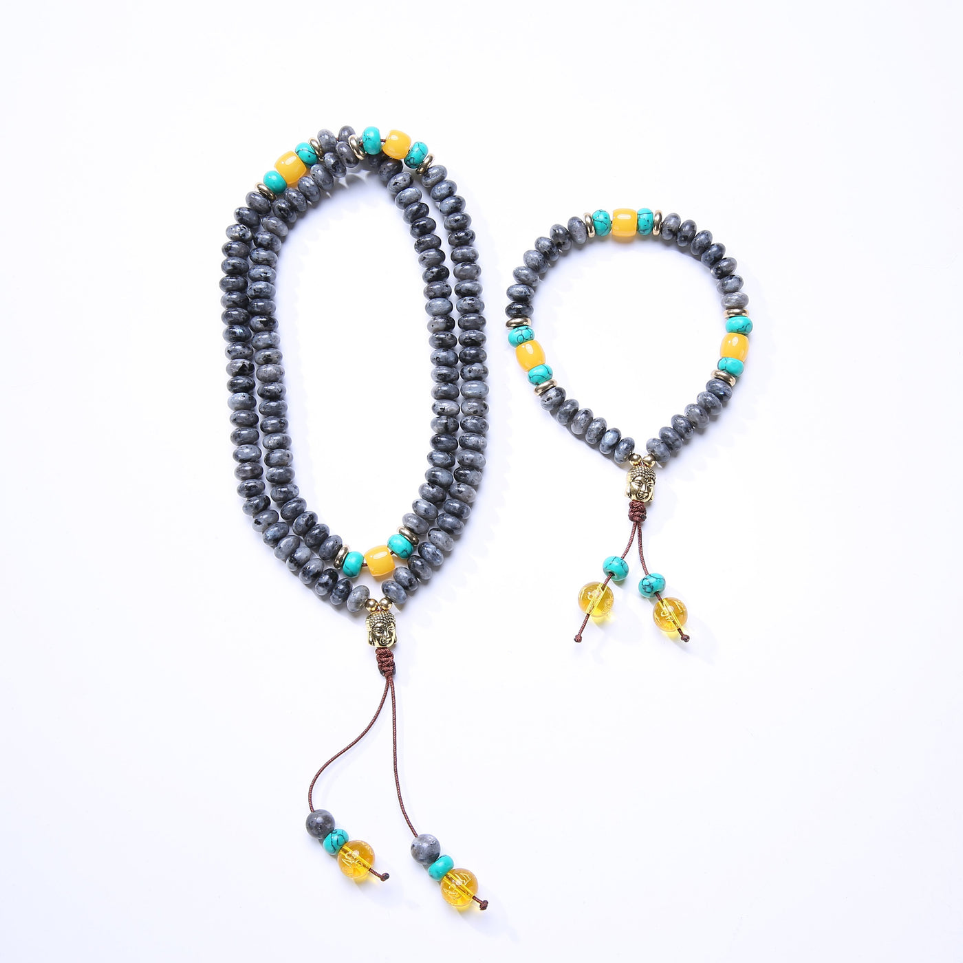 ROXY Flat Natural Lapis Lazuli Stone With 6 Syllable Mantra Tassel and Buddha Head Charm Mala Set Jewelry Set