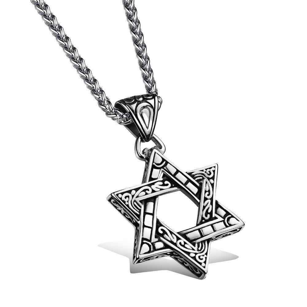 Stainless Steel Paisley Detailed Six-Point Star Pendant Necklace Thick Chain Necklace