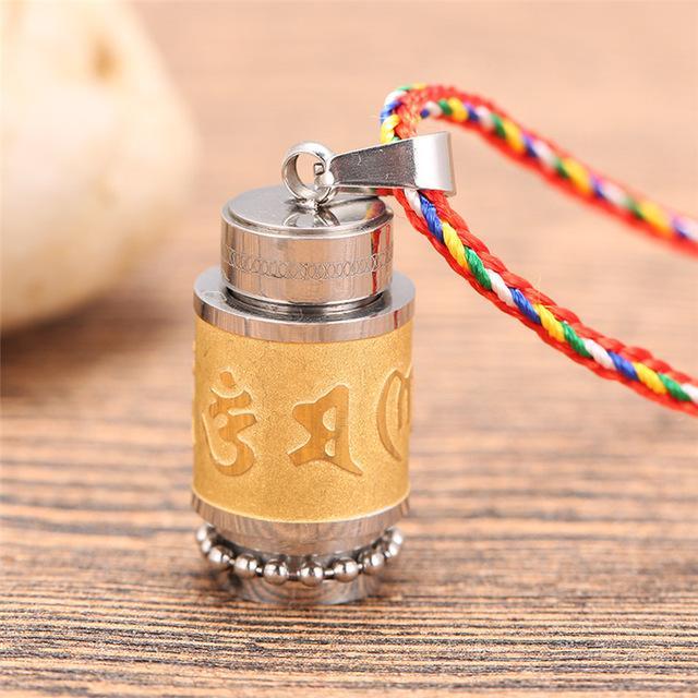 Stainless Steel Prayer Wheel Mantra Necklace Golden Wheel w/ Rope Chain (BIG) Necklace