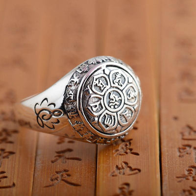 Sterling Silver 6 Syllable Mantra Lotus Signet Ring Rings