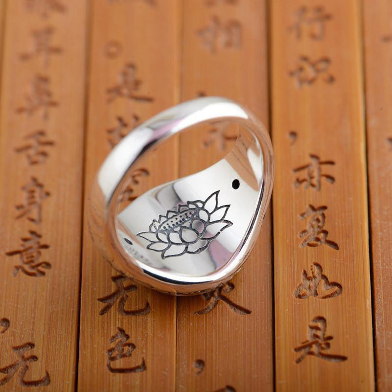 Sterling Silver 6 Syllable Mantra Lotus Signet Ring Rings