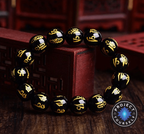 Tibetan 6 Syllable Mantra Black Agate Amulet Bracelet 14mm 15beads Bracelet