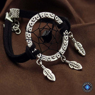 Vintage Double Leather Strap Beaded Silver Dream Catcher Bracelet Black Bracelet