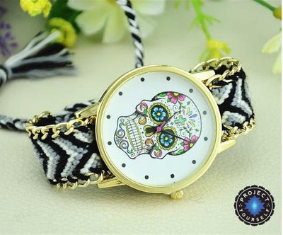 Woven Braided Bracelet Sugar Skull Watch Black Watch