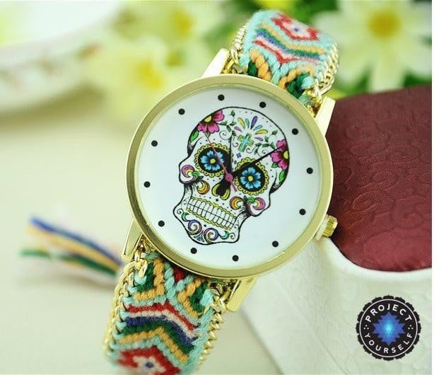 Woven Braided Bracelet Sugar Skull Watch Green Watch